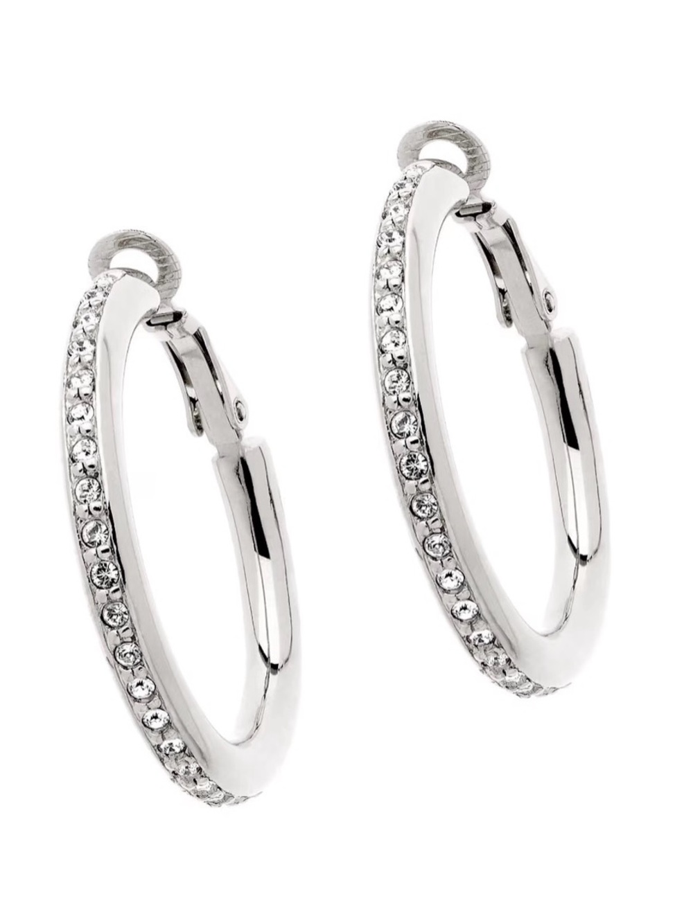 Platinum Plated Clip-On Hoops w/ Hand Set Sparkling Crystals.